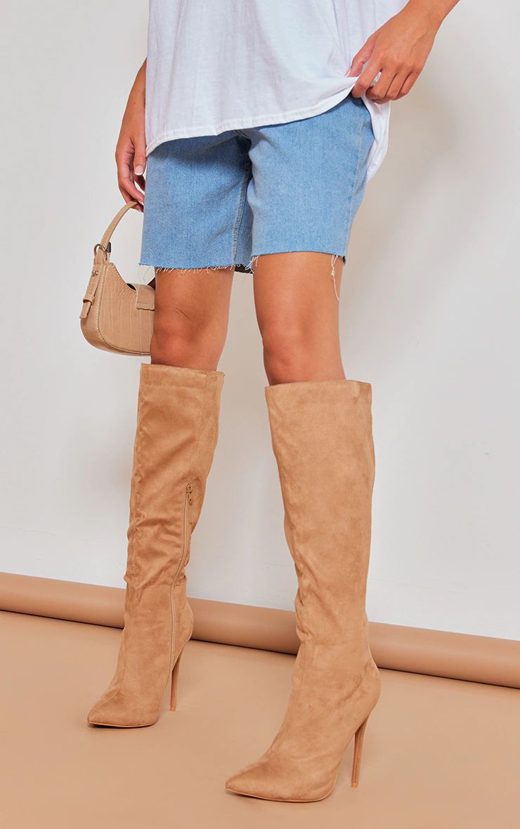 Sand Emmi Faux Suede Knee Boots | PrettyLittleThing UK
