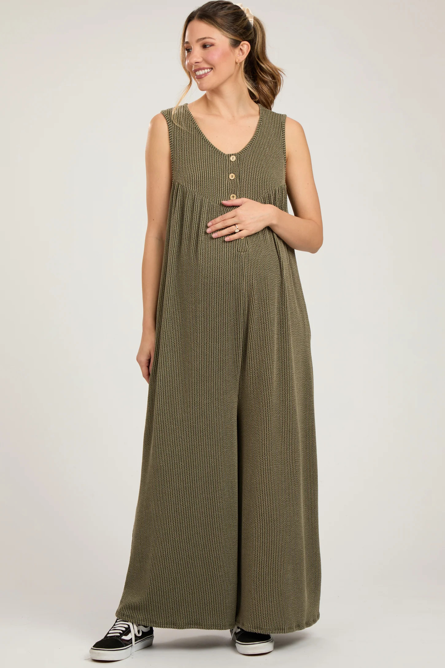 Olive Ribbed Sleeveless Button Front Maternity Jumpsuit | PinkBlush Maternity
