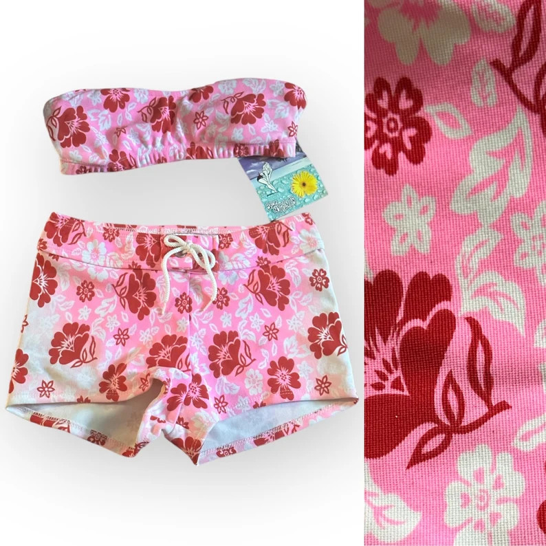 Vintage 90s Deadstock Bare Nothings Pink Red Hawaiian Hibiscus Retro Flowers Strapless Halter Ban... | Etsy (US)