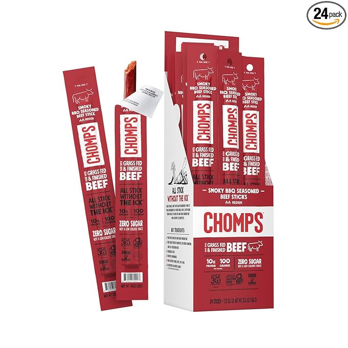 Chomps Grass-Fed and Finished Smoky BBQ Seasoned Beef Jerky Snack Sticks 24-Pack - Keto, Paleo, W... | Amazon (US)