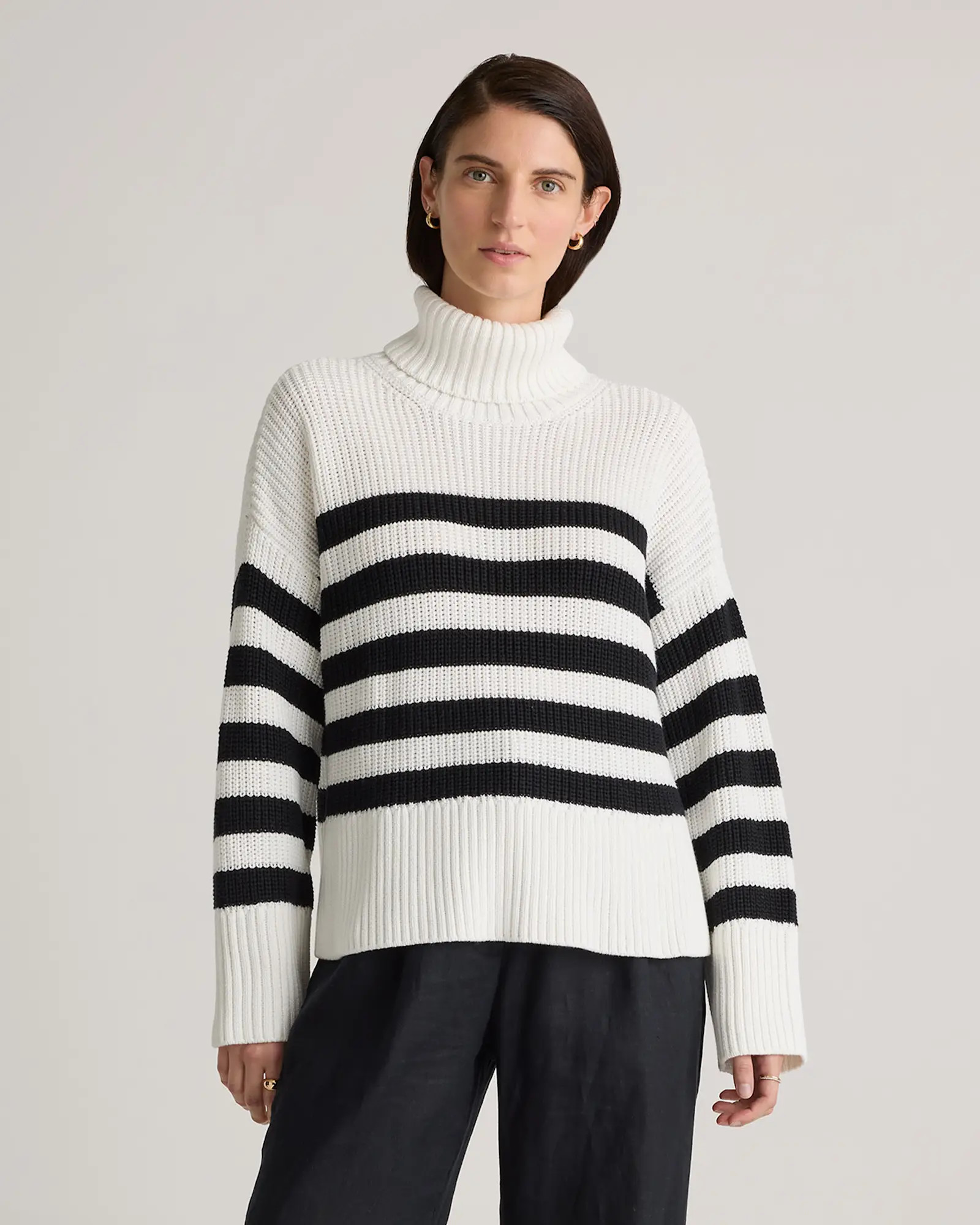 100% Organic Cotton Split Hem Turtleneck	Sweater in Ivory/Black Stripe | Quince