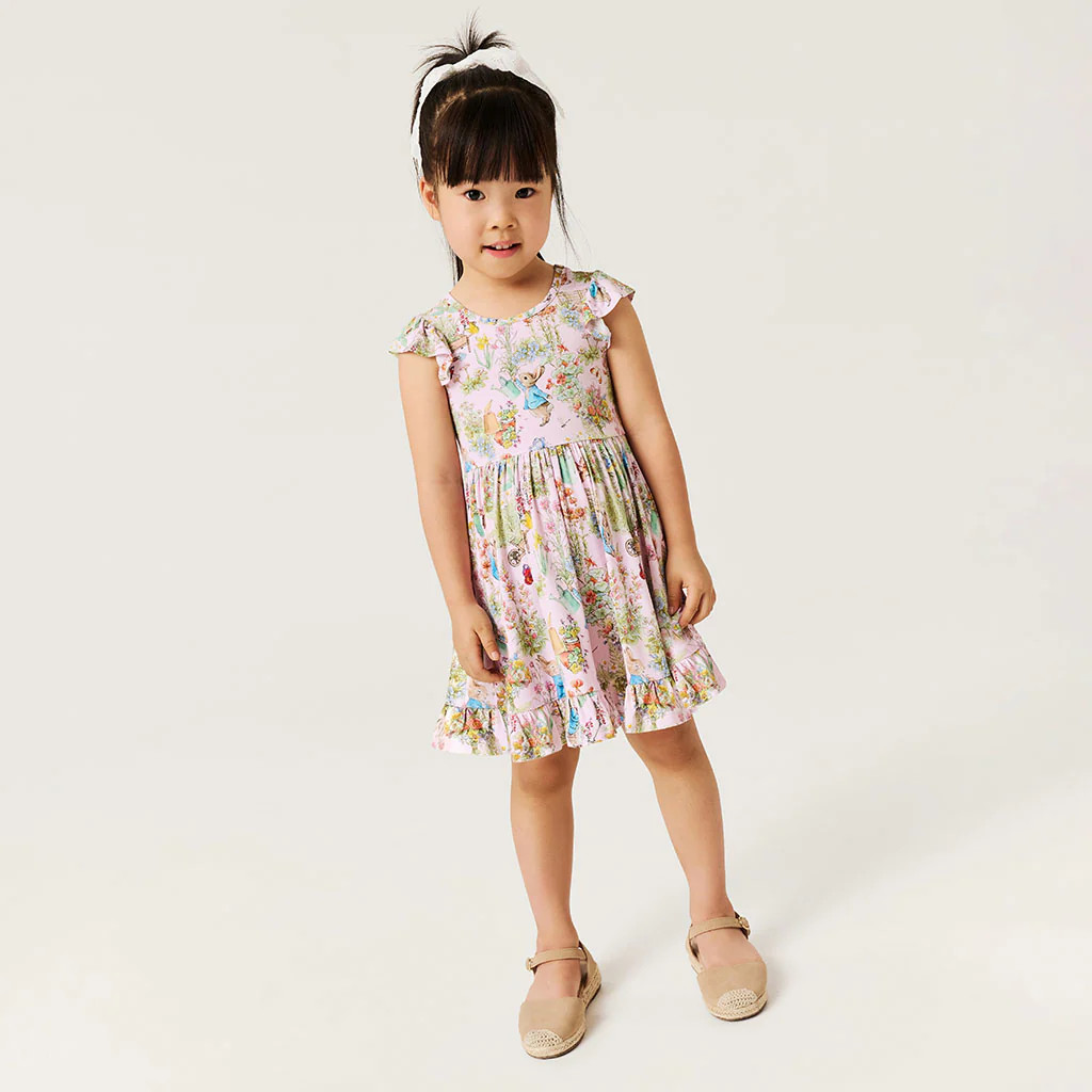 Floral Pink Girl Peter Rabbit Garden Ruffled Twirl Dress | Posh Peanut® | Posh Peanut