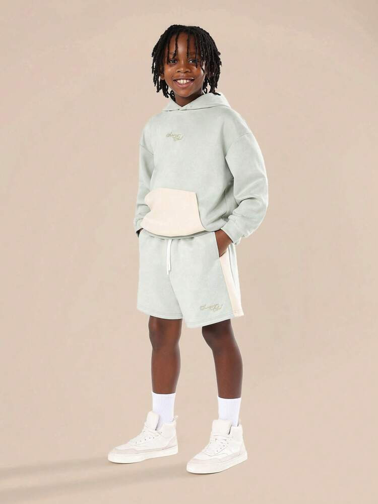 SUMWON Tween Boys Hoodie Short Set Two Piece Ensemble Suedette Material Winter Wear Co-Ord Set Drawstring Waist Casual Comfortable Side Stripe Design Classic Fit Fall | SHEIN