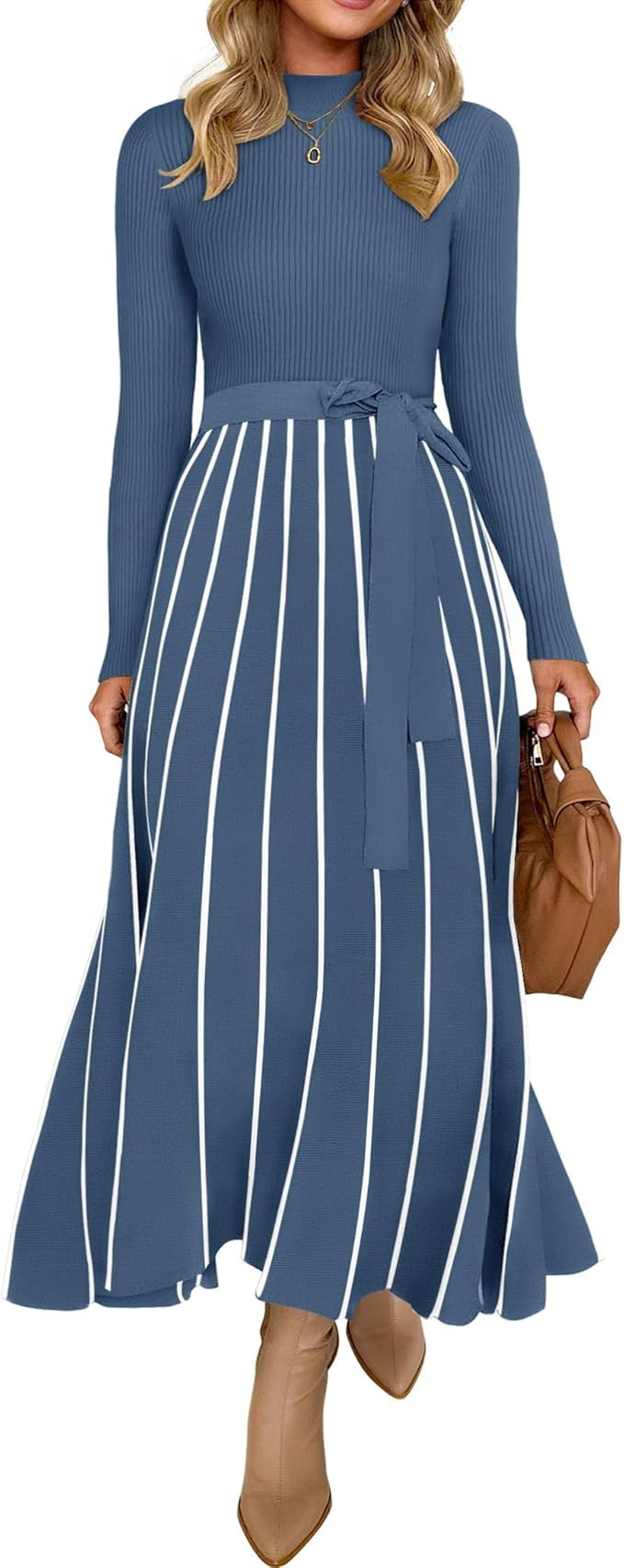 ZESICA Womens 2025 Fall Turtleneck Long Sleeve Sweater Dress Tie Waist Casual Loose Ribbed Knit A... | Amazon (US)