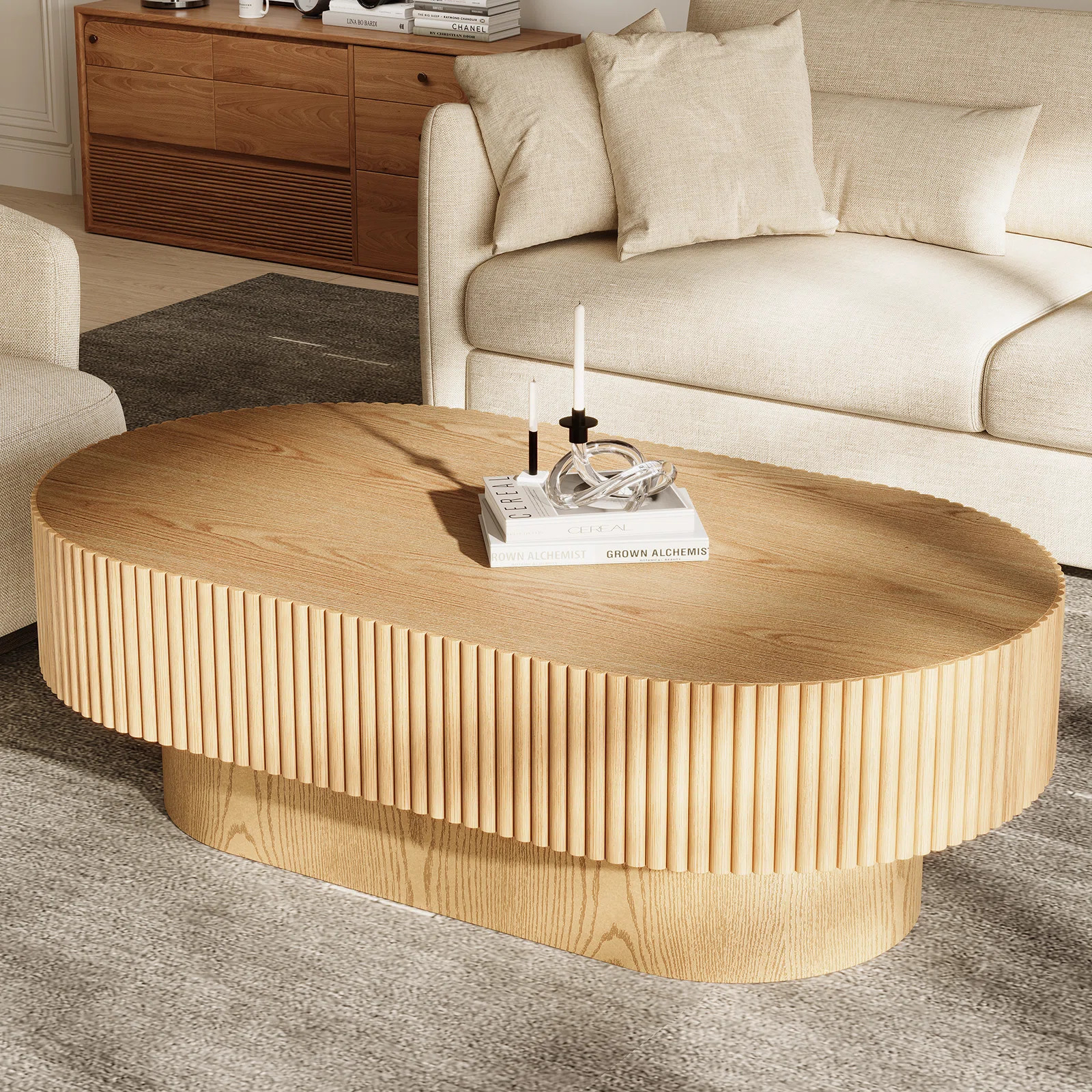 43.7'' W Solid Wood Oval Coffee Table with Fluted Design | Wayfair North America