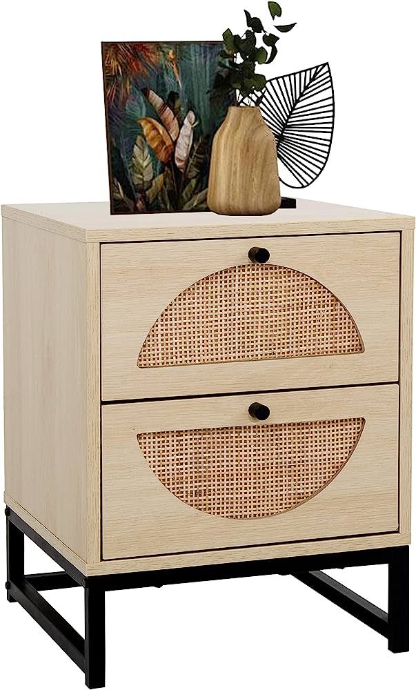 AWQM Rattan Nightstand with 2 Drawers,Farmhouse End Table Small Side Table,Wood Accent Table with... | Amazon (US)