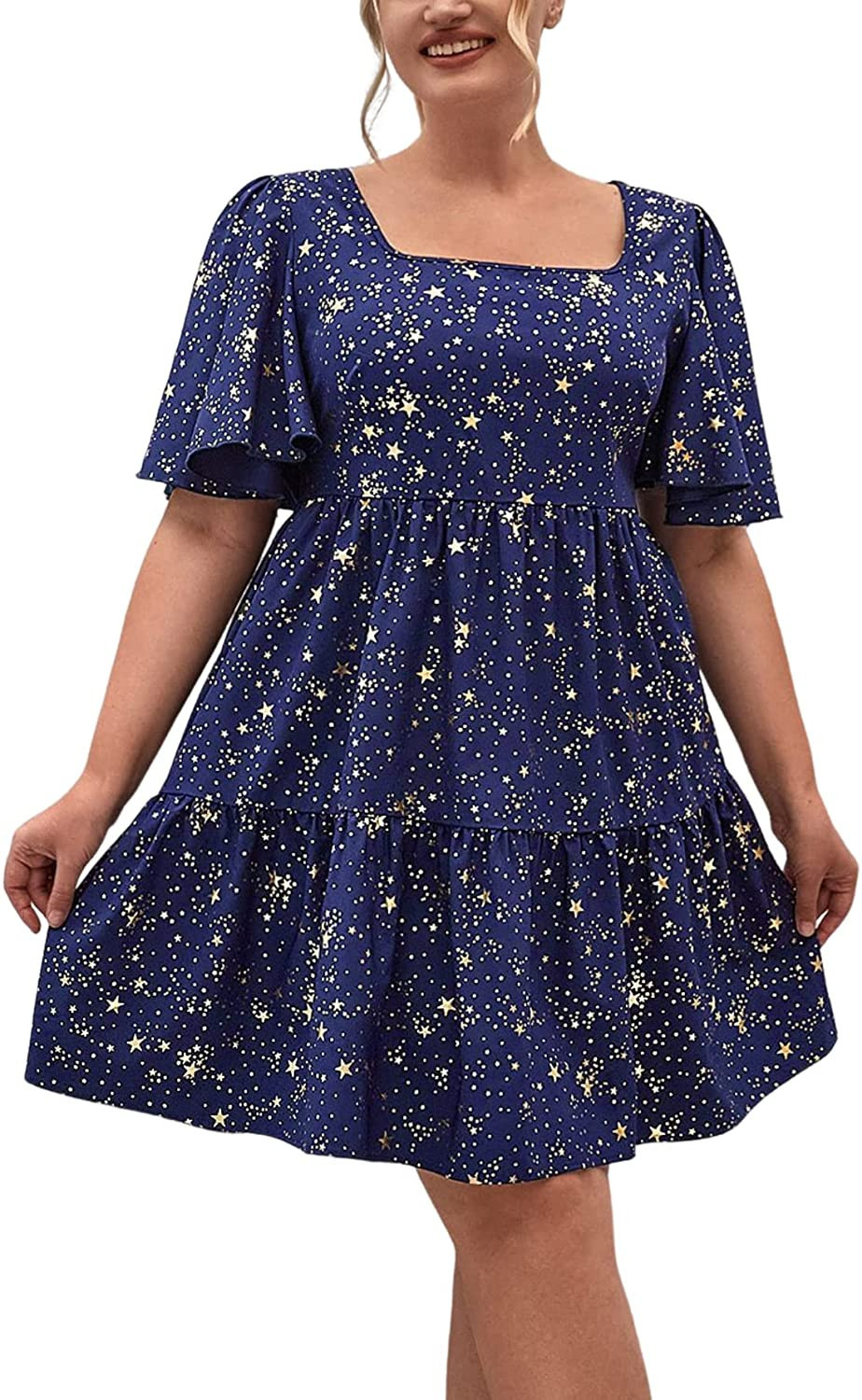 Floerns Women's Plus Size Printed Casual Square Neck Puff Sleeve A Line Dress | Amazon (US)