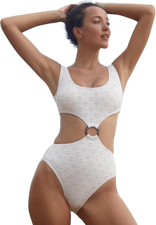 O-Ring Cut Out One-Piece Swimsuit Sexy Floral U Neck Bathing Suit | Amazon (US)