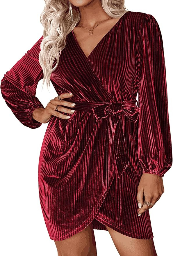 IN'VOLAND Womens Plus Size Long Sleeve Wrap Semi Formal Velvet Mini Dress Sexy V Neck Cocktail Pa... | Amazon (US)