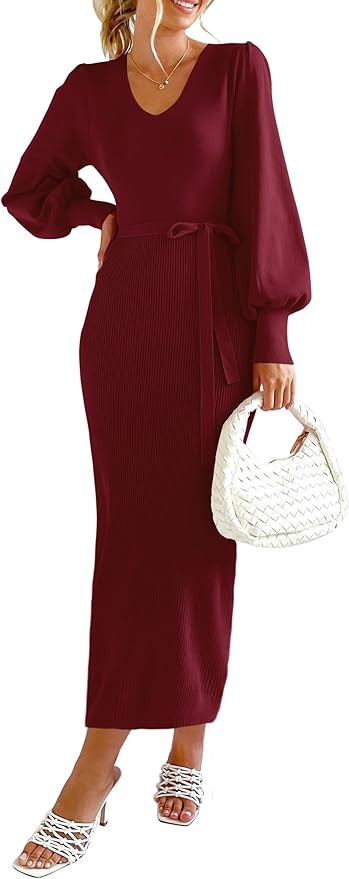 PRETTYGARDEN Women's 2023 Fall Knit Pullover Sweater Elegant Long Lantern Sleeve V Neck Maxi Dres... | Amazon (US)