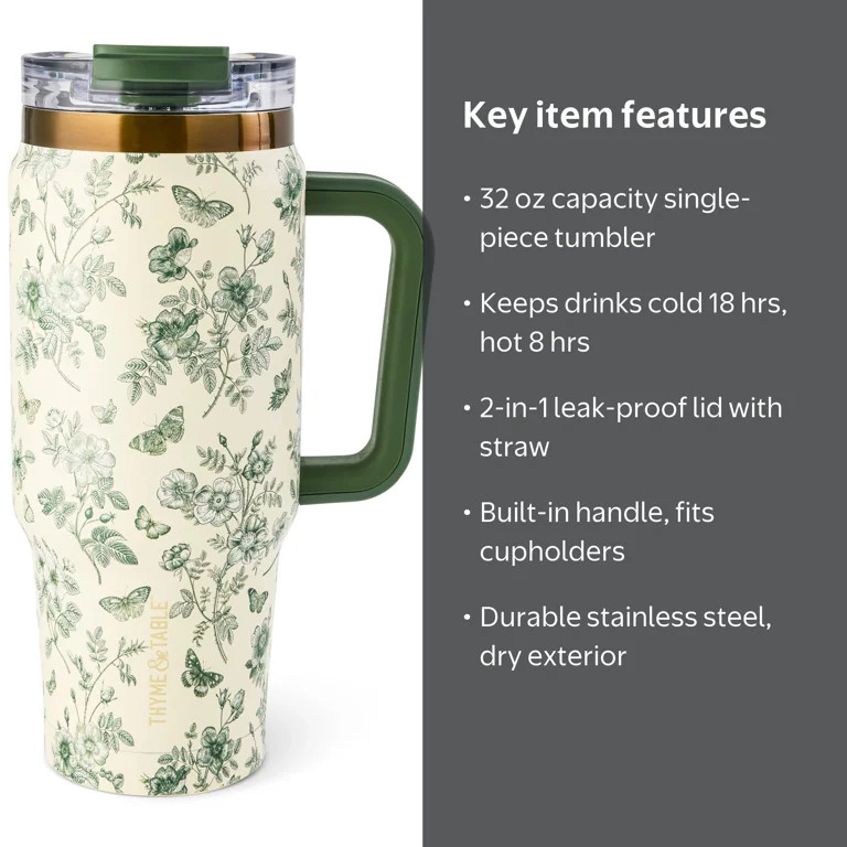 Thyme & Table Luna 32 oz Stainless Steel Tumbler with Handle and Dual Straw Lid, Green Floral | Walmart (US)