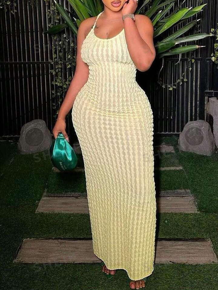 Solid Backless Halter Neck Dress | SHEIN