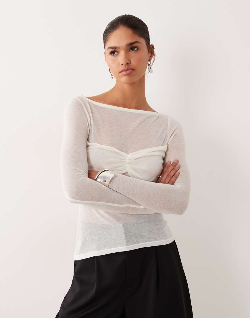 ASOS DESIGN knit-look semi sheer long sleeve top with ruched bust overlay in ivory-White | ASOS (Global)