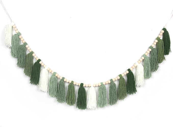 Green Boho Yarn Tassel Garland Sage Green Garland Wall Hanging Decor Forest Woodland Tassel Banne... | Amazon (US)
