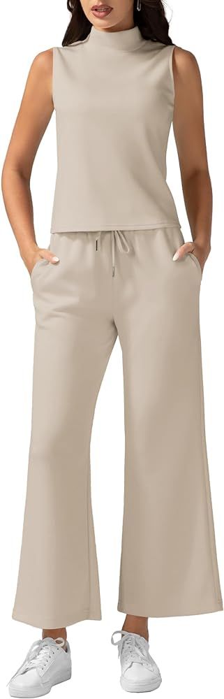 Casly Lamiit Women's Summer 2 Piece Outfits Mock Neck Tank Top Cropped Wide Leg Pants Lounge Sets... | Amazon (US)
