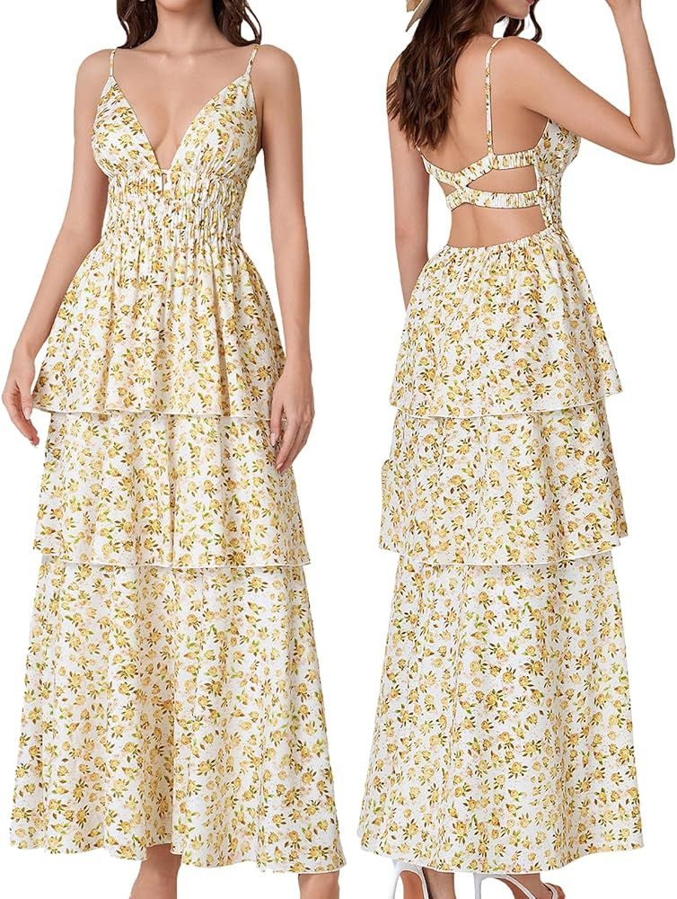GLNEGE Womens Summer Floral Maxi Dresses Spaghetti Strap Boho Tiered Flowy Beach Dress for Weddin... | Amazon (US)