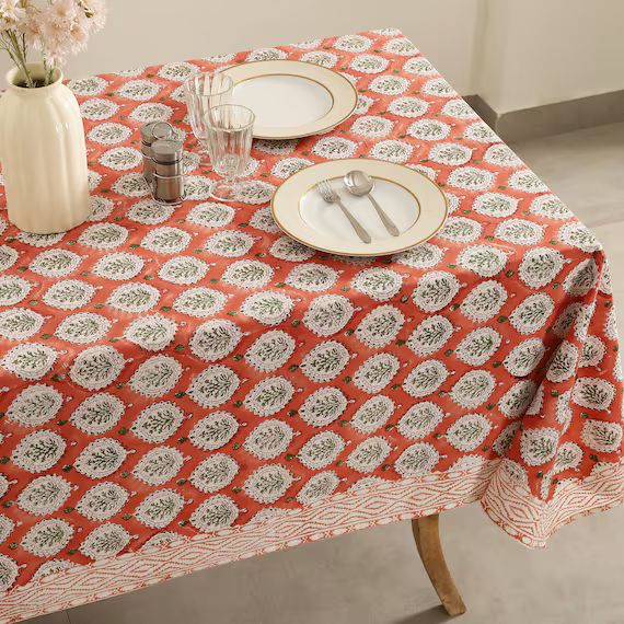 Natural Block Print tablecloth, Floral Table Scape Decoration, Table Cloth Napkins Set, Rectangle... | Etsy (US)