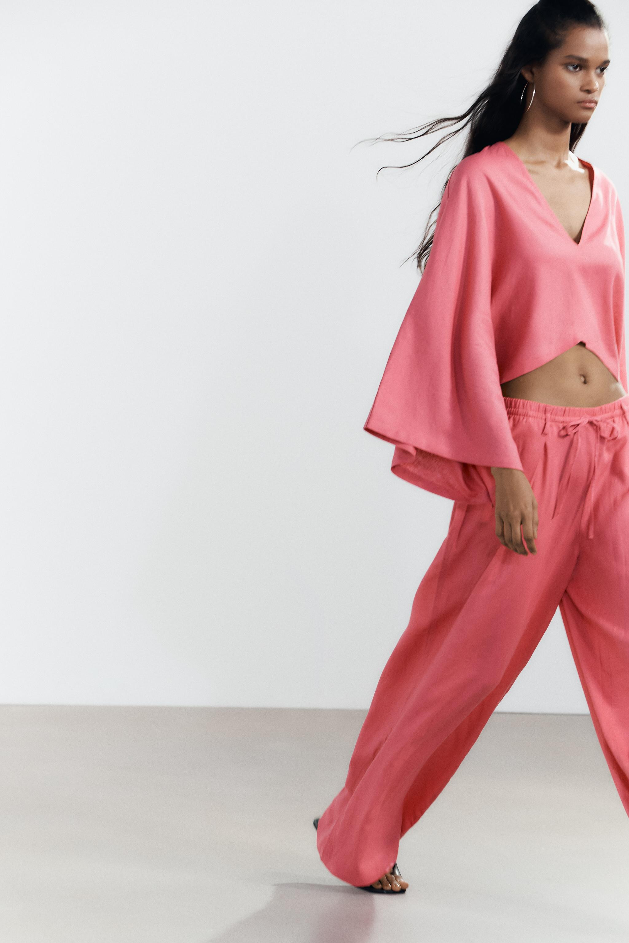 LINEN PALAZZO PANTS Bubble gum Oyster-white | Zara US