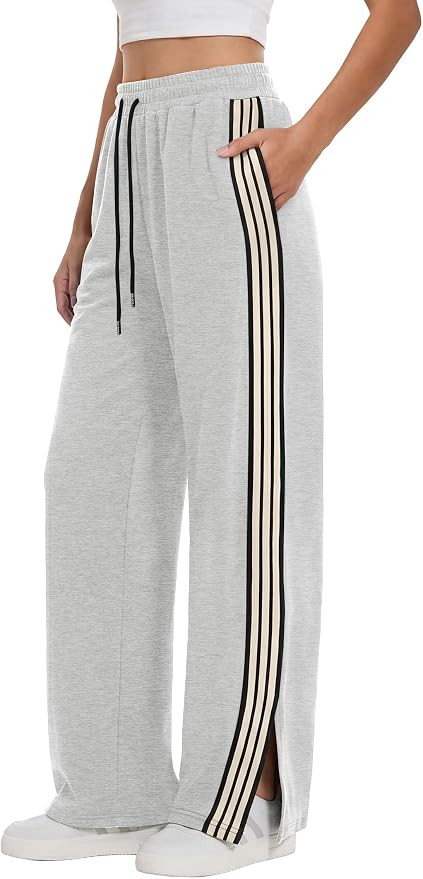 ANRABESS Women's Sweatpants Wide Leg Striped Track Pants | Straight Leg High Elastic Drawstring W... | Amazon (US)