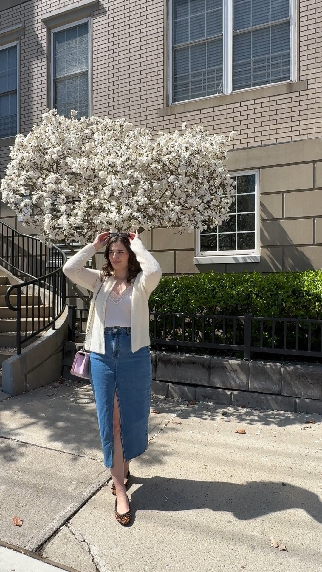 A fresh and feminine look featuring a lace camisole paired with a cream cardigan a midi denim skirt, perfect for a sunny spring day. The delicate layering and soft color palette make this outfit effortless yet chic, complemented by leopard ballet flats.

#LTKSeasonal #LTKStyleTip #LTKFindsUnder100