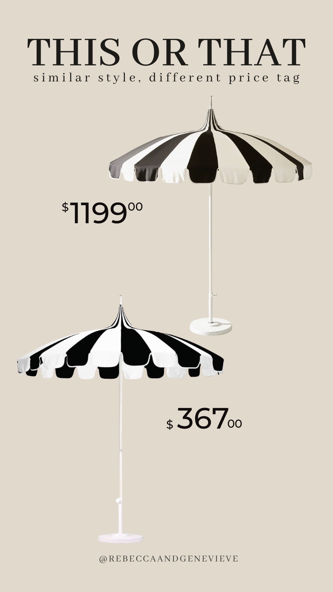 Splurge: high performance Sunbrella fabric, steel base and aluminum pole.
Save: canvas grade Pacifica fabric and aluminum center pole. 

Would you save or splurge?

#LTKSeasonal #LTKHome