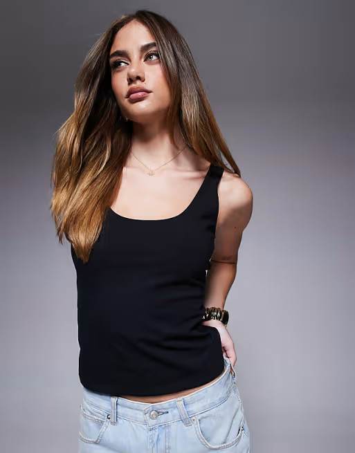 ASOS DESIGN double layer square neck tank top in black | ASOS | ASOS (Global)