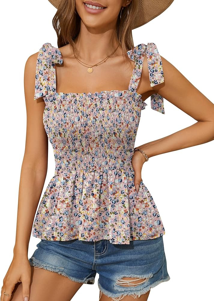 Micoson Ruffle Smocked Tank Tops for Women Summer Square Neck Sleeveless Tops Tie Shoulder Chiffo... | Amazon (US)