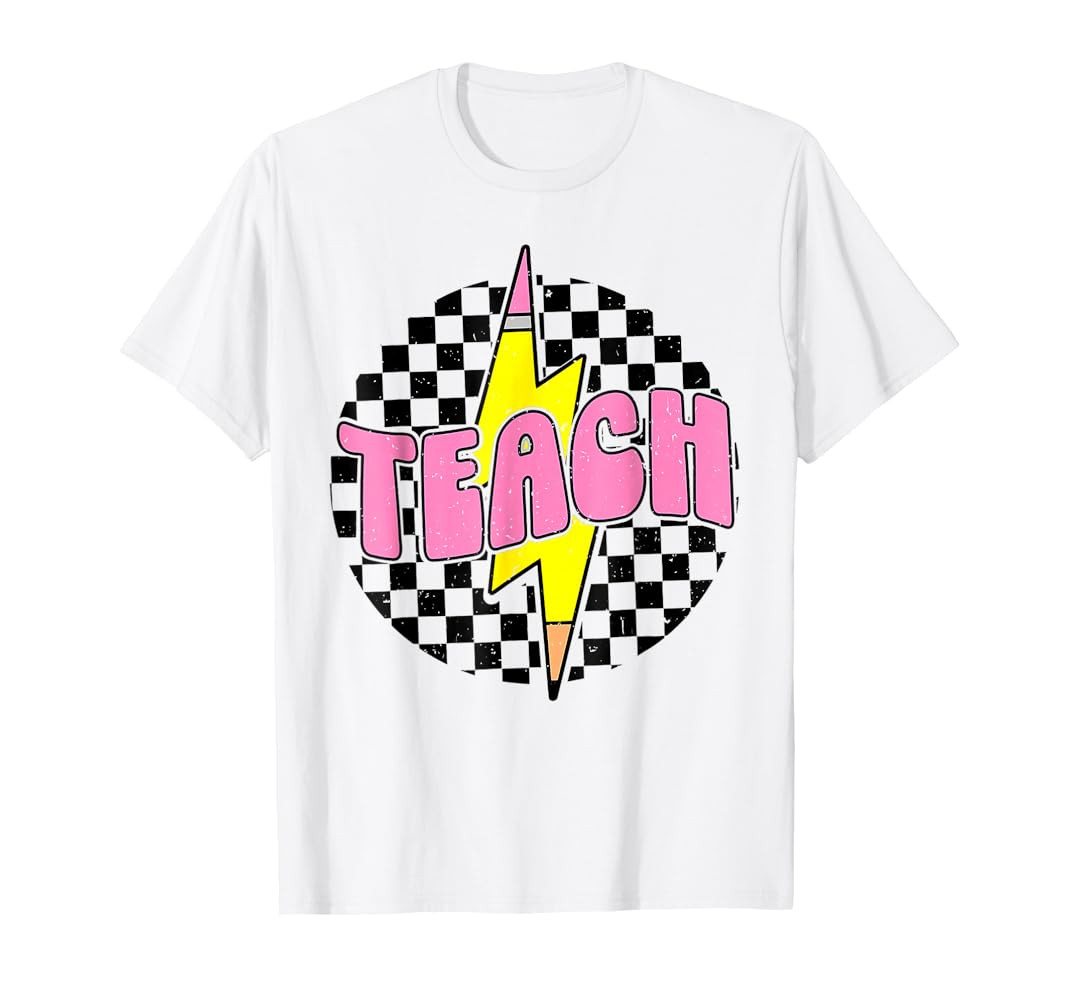 Women Checkered Teach Pencil Lightning Bolt Back to School T-Shirt | Amazon (US)