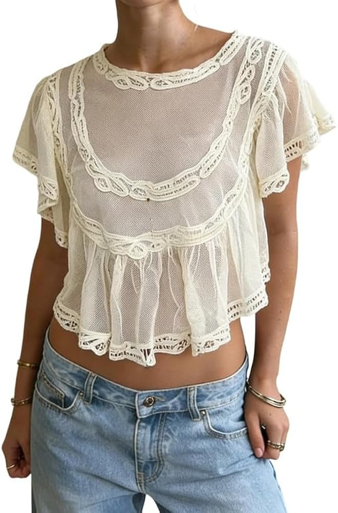 Women Y2k Sheer Mesh Crop Tops Boho See Through Lace Trim Ruffle Sleeve Babydoll Shirt Flowy Summ... | Amazon (US)