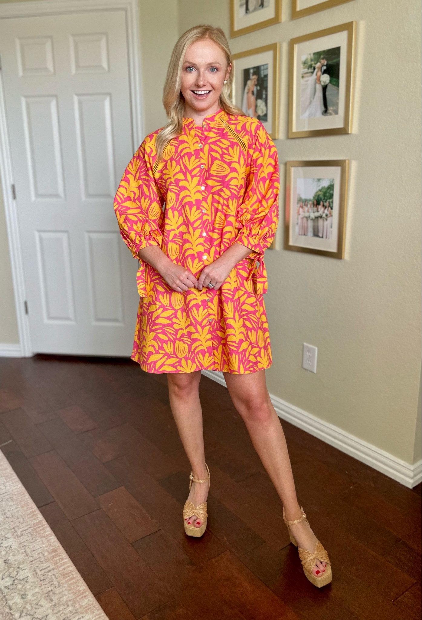 Wearing a small | palm print dress, orange and pink dress, orange dress, shift dress, vacation dress, summer dress, mini dress, raffia shoes 

#LTKSeasonal #LTKstyletip #LTKFind