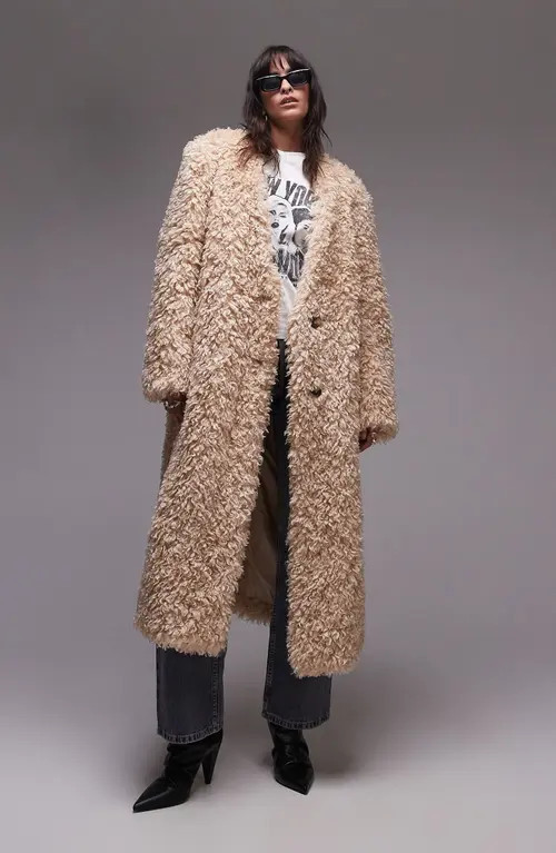 Topshop Faur Shearling Coat in Brown at Nordstrom, Size Large | Nordstrom