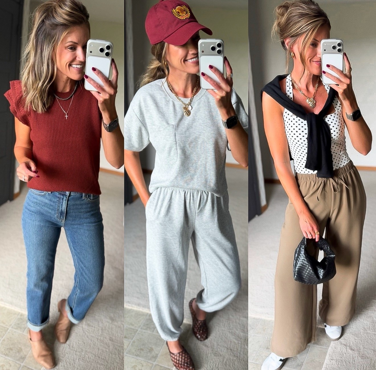 Fall outfit ideas for my girls in warm climates.
Wearing small in tops. 6 in jeans. Small in joggers. Medium in wide leg pants