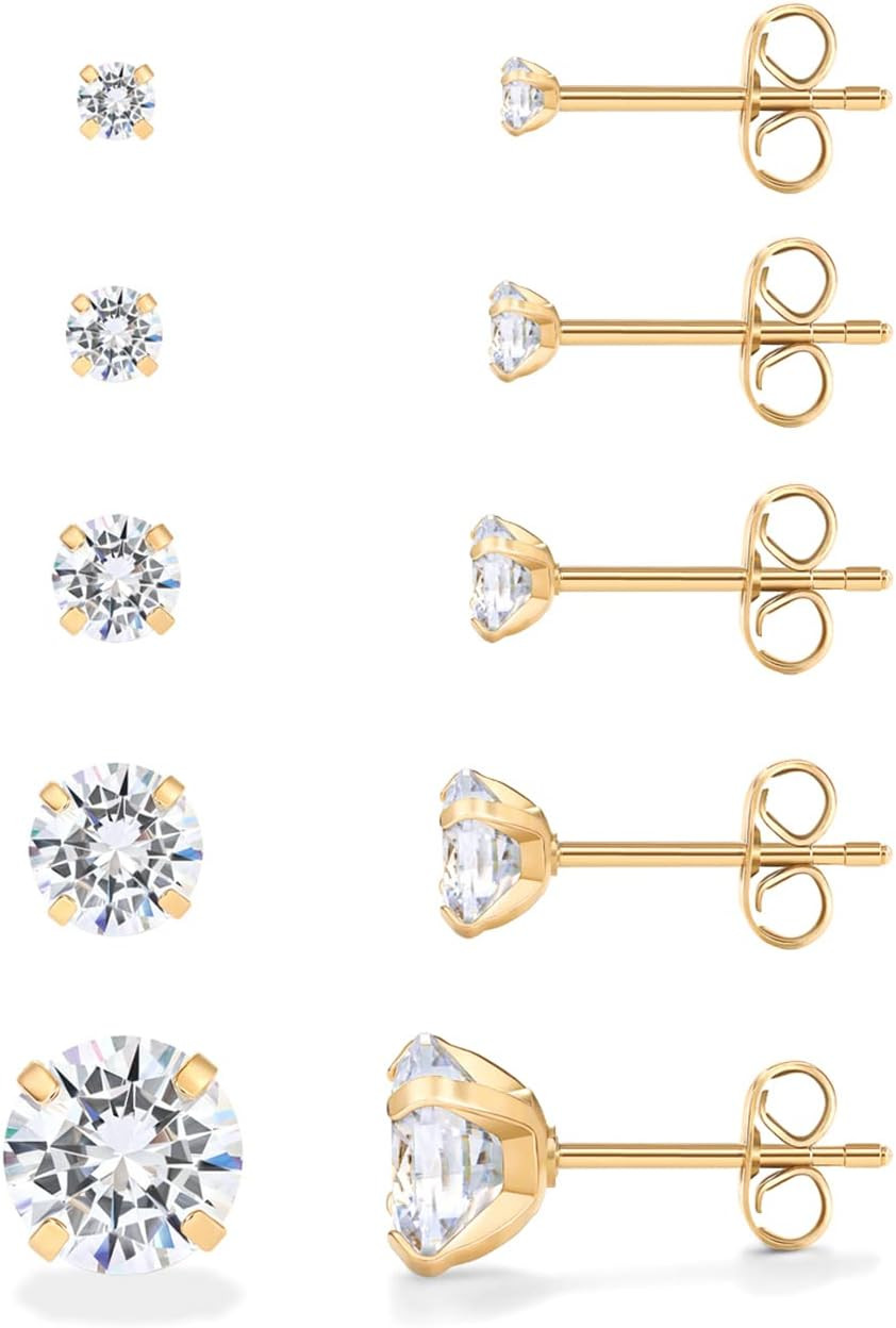 PAVOI Waterproof CZ Stud Earrings for Women, 14K Gold Plated Set of 5 Studs | Amazon (US)