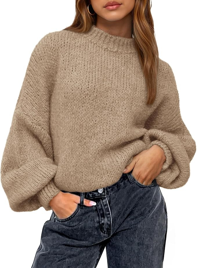BTFBM Sweaters for Women Fall 2026 Crew Neck Lantern Long Sleeve Oversized Sweater Casual Knit Wi... | Amazon (US)