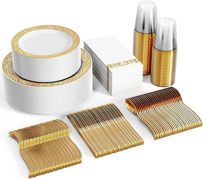 FOCUSLINE 350 Ct Gold Dinnerware Set for 50 Guests, Gold Lace Plastic Plates Disposable Heavy Dut... | Amazon (US)