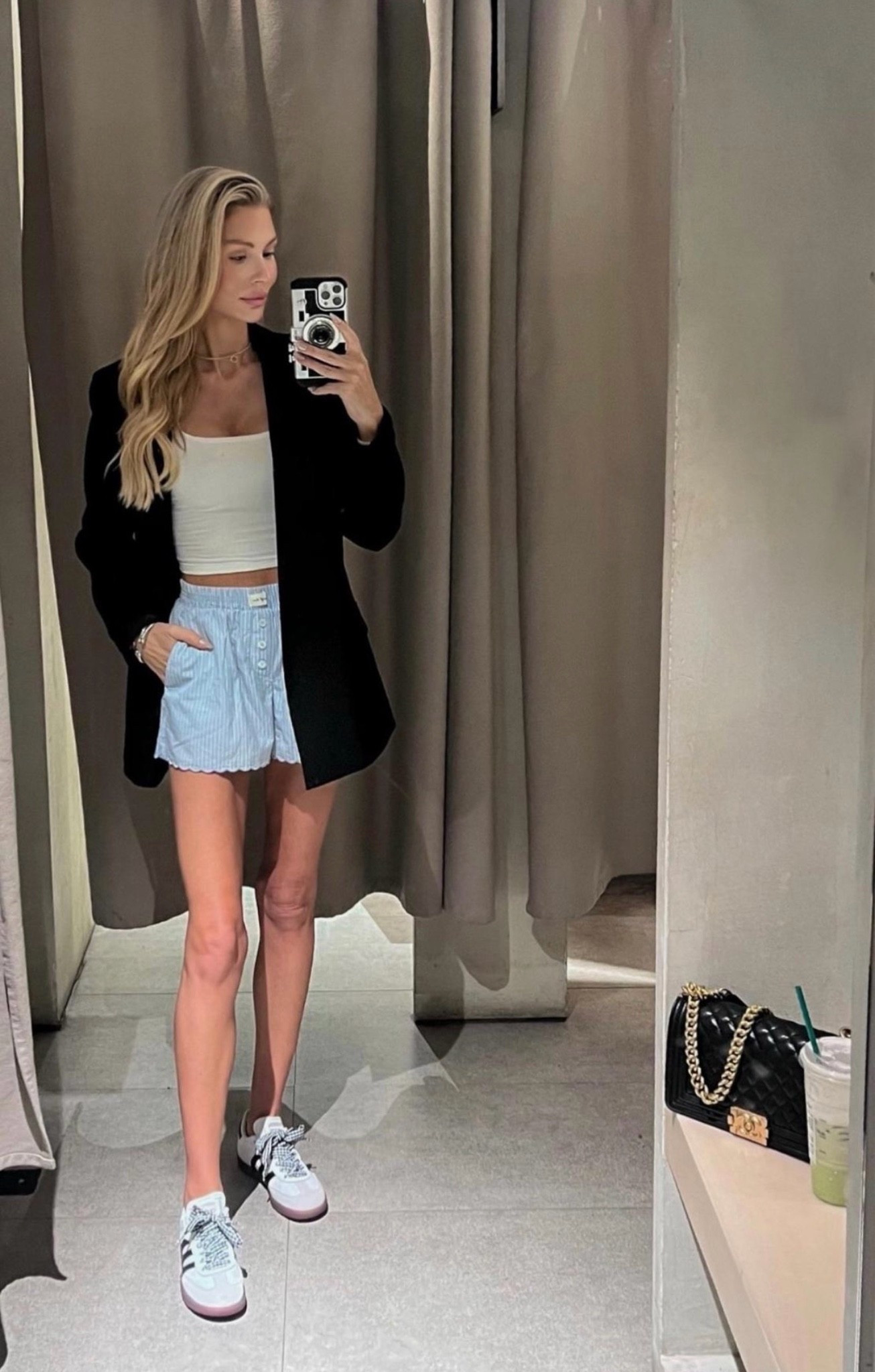 Blazer boxers sneakers outfit