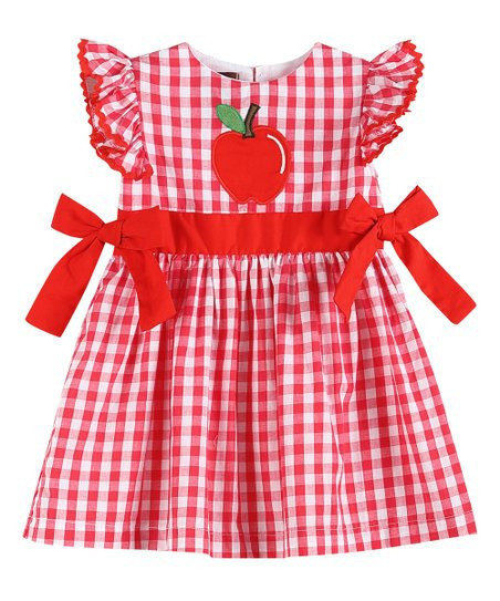 Red Gingham Apple Bow-Accent Angel-Sleeve Dress - Infant, Toddler & Girls | Zulily
