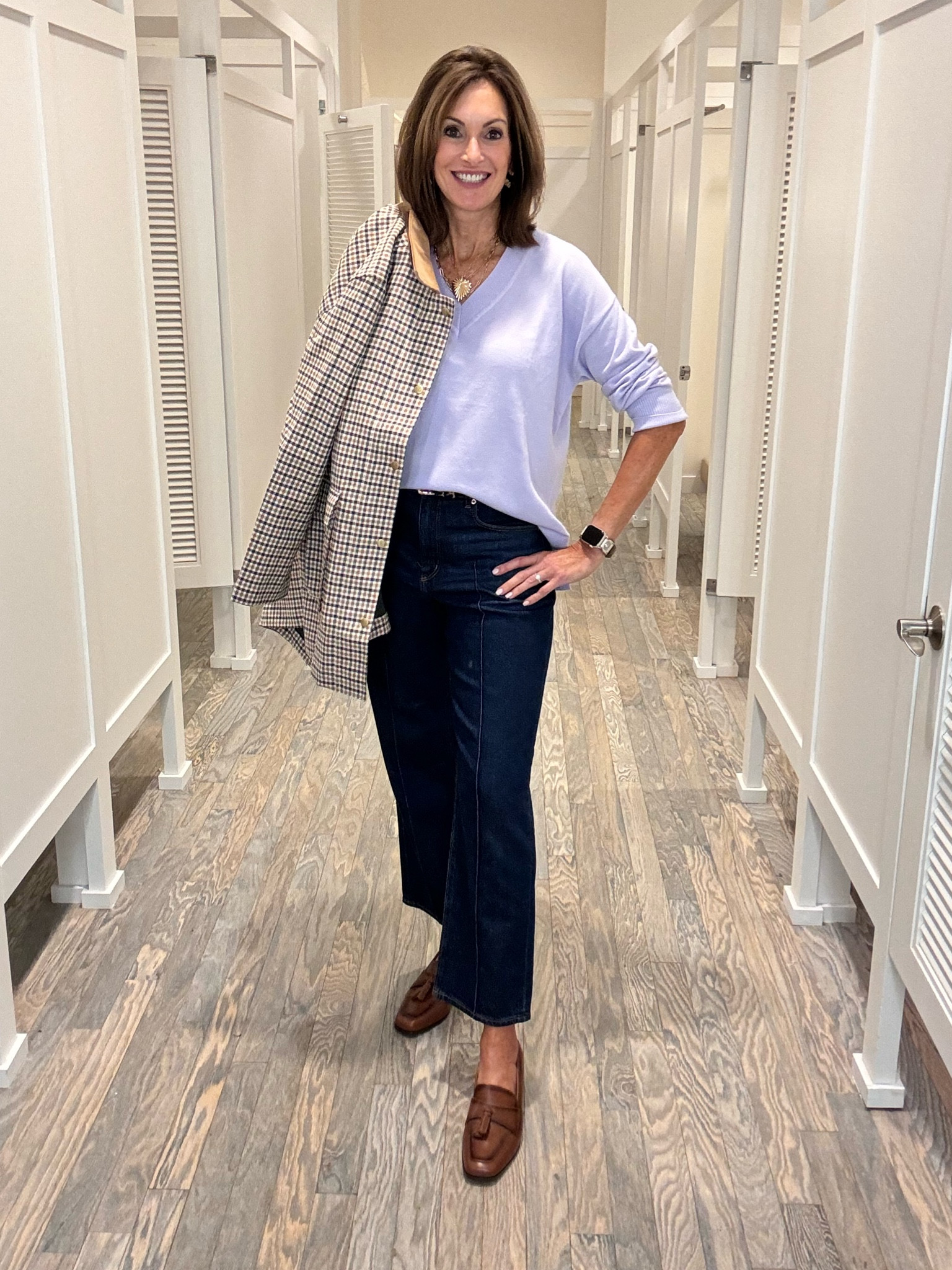 Feels like Cashmere sweater - M 
Runs oversized 
Wide leg crop pintuck jeans - 29
Plaid barn jacket - M 

Loafer discount - annie20

Fall outfit
Elevated casual style 
Workwear style 

 

#LTKStyleTip #LTKShoeCrush #LTKWorkwear