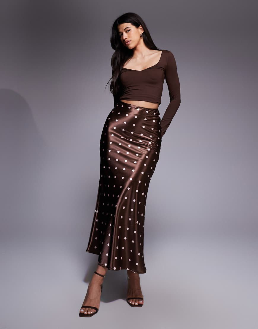 Rare London satin polka dot maxi skirt in chocolate & pink polka dot-Brown | ASOS (Global)