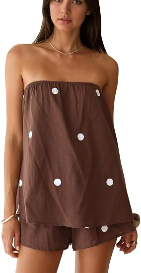 MSBESYOR Women Polka Dot Two Piece Shorts Set Strapless Tube Top Lounge Sets Summer Vacation Reso... | Amazon (US)