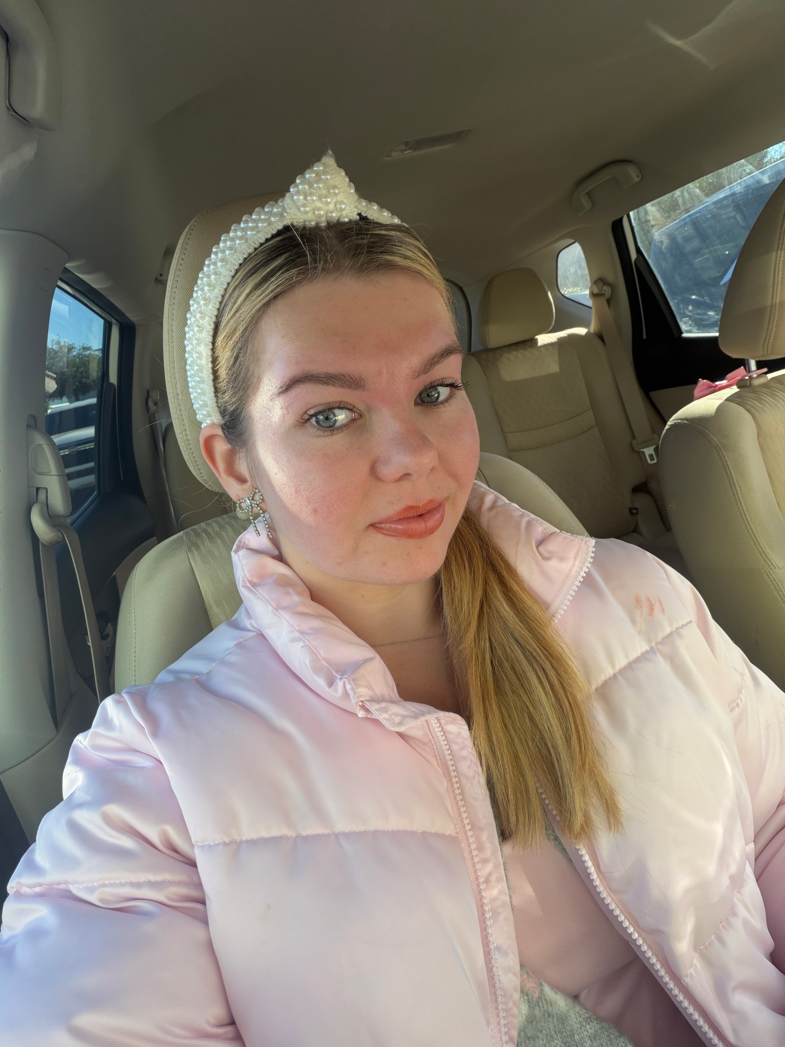Walmart finds | pink puffer jacket | bow earrings | Walmart style 