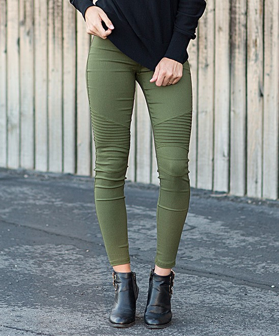 Contagious Women's Jeggings Olive - Olive Pocket Moto Jeggings | Zulily