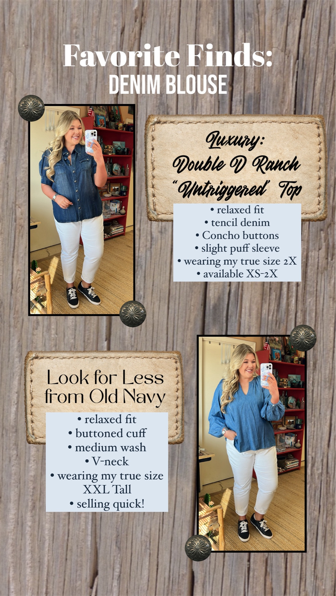 Luxe for Less ~ a great denim blouse is a closet staple! These are both fun options, the Double D Ranchwear luxe look has more western detailing but the look for less can be transitioned into western looks as well with easy accessorizing. 

#LTKFindsUnder50 #LTKStyleTip #LTKPlusSize