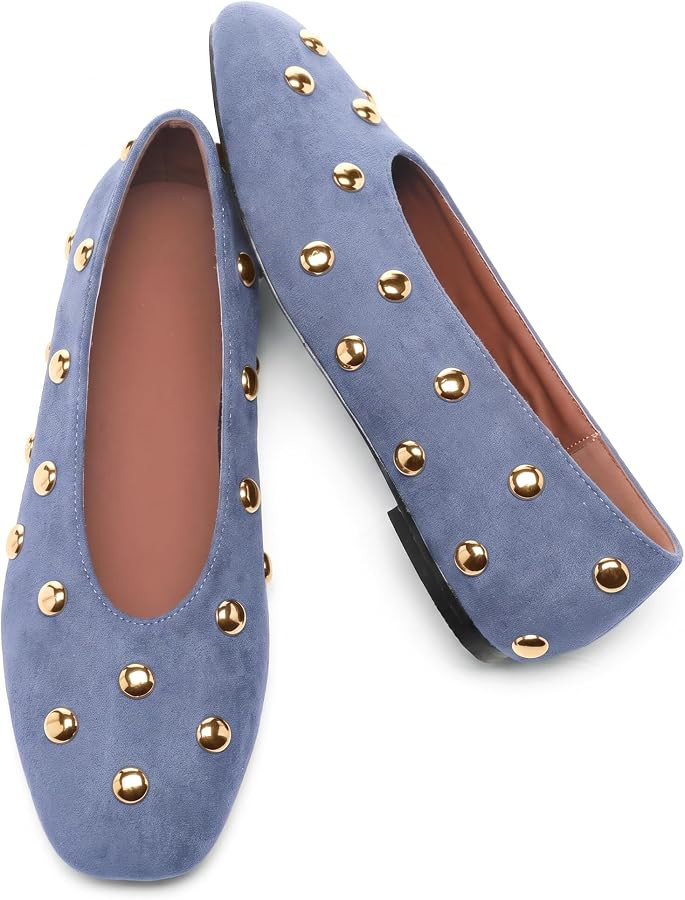 Studded Flats for Women Suqare Toe Slip on Suede Ballet Flats Comfortable Walking Studs Ballet Shoes | Amazon (US)