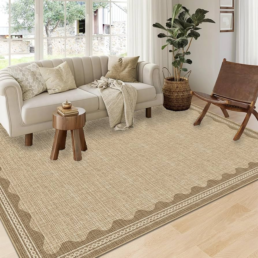 Scalloped Washable Rug 9x12 Area Rugs for Living Room, Solid Tan Rug for Bedroom Girls, Non Slip ... | Amazon (US)