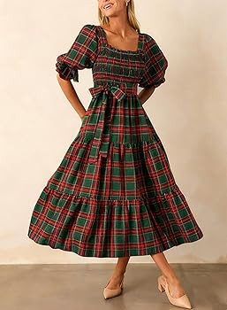 Women Christmas Plaid Sleeveless Maxi Dress Fall Ruffle Sleeve Cocktail Long Dresses Vintage Ging... | Amazon (US)