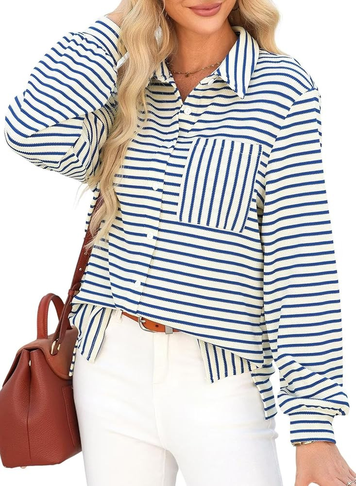 Astylish Women's 2025 Oversized Long Sleeve Shirts Button Up Striped Collared Front Pocket Top | Amazon (US)