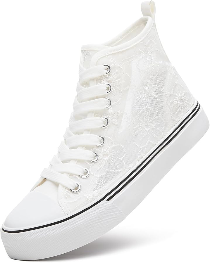 ZGR Womens High Top Sneakers with Embroidery Flower,Casual Breathable Mesh Lace Canvas Shoes,Whit... | Amazon (US)