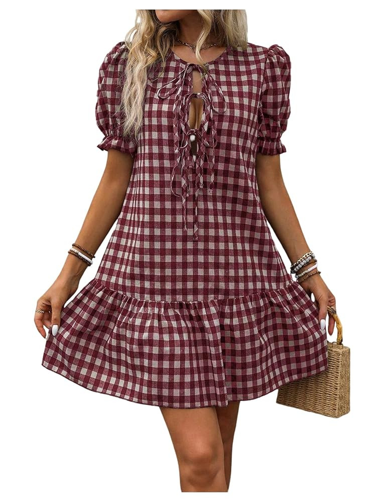 Floerns Women's Summer Puff Sleeve Gingham Ruffle Dress Tie Front Flared Short Dresses | Amazon (US)