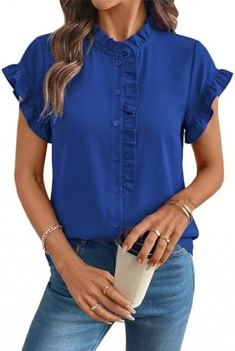 BLENCOT Shirts for Women Summer Ruffle Short Sleeve V Neck Button Down Shirt Dressy Blouses Casua... | Amazon (US)